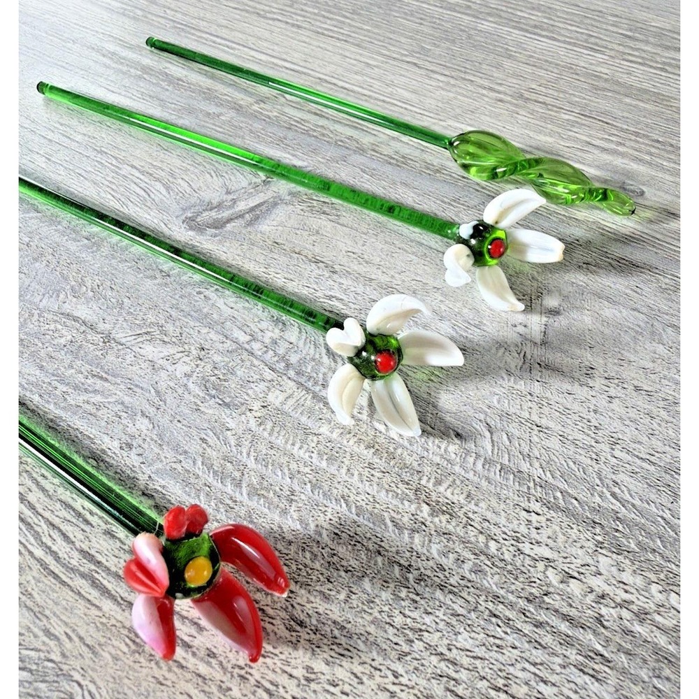 Vtg 4 Hand Blown Glass Swizzle Cocktail Stirring Sticks Flowers Red White Green - Picture 8 of 8